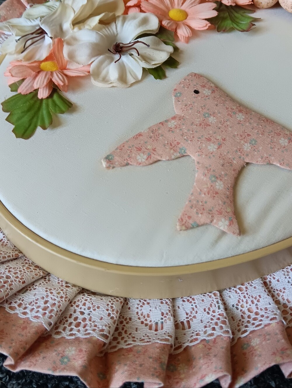 Coquette Vintage Cottage Quilted Hoop Wall Hanging Whimsy Pink Bird Nest Decor - Picture 8 of 16